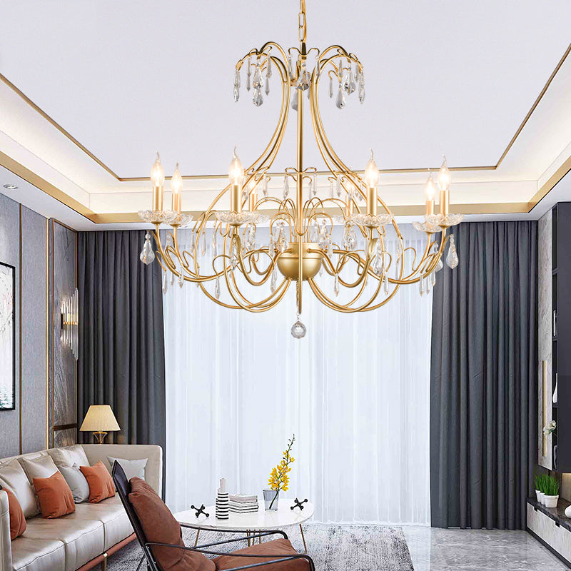 Messing Tränendrop Kronleuchter Lampe Land Metall 8 Glühbirnen Wohnzimmer Anhänger Light Kit mit baumelnden Kristall