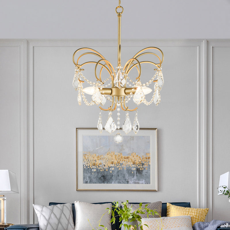 Butterfly-Shaped Living Room Chandelier Rural Metal 3-Light Brass Hanging Pendant Light with Crystal Accent