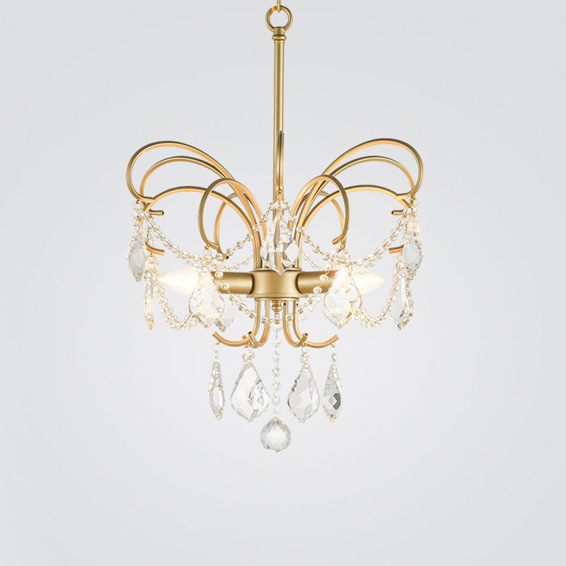 Butterfly-Shaped Living Room Chandelier Rural Metal 3-Light Brass Hanging Pendant Light with Crystal Accent