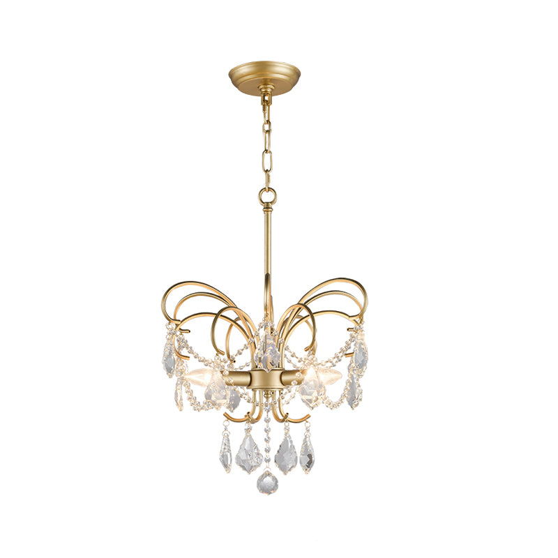 Butterfly-Shaped Living Room Chandelier Rural Metal 3-Light Brass Hanging Pendant Light with Crystal Accent