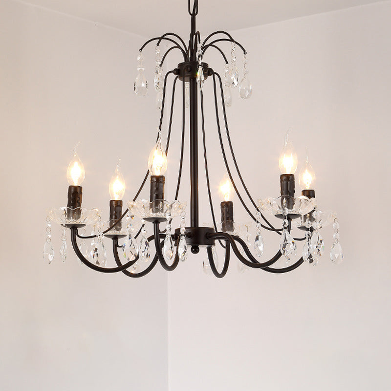 Black Chandelier Lighting Retro Metallic Swooping Arm Pendant Light Fixture with Dropping Crystal