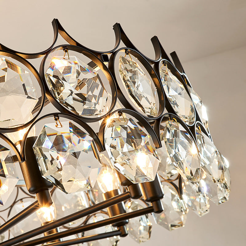 Black Circle Pendant Chandelier Country Clear Crystal Living Room Suspension Light with Sputnik Design