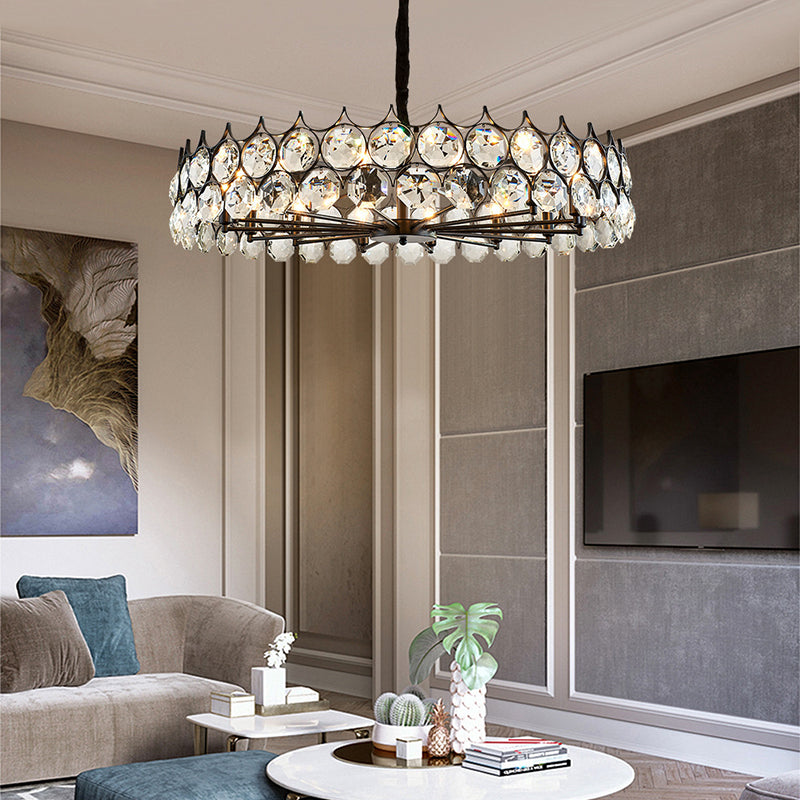 Black Circle Pendant Chandelier Country Clear Crystal Living Room Suspension Light with Sputnik Design