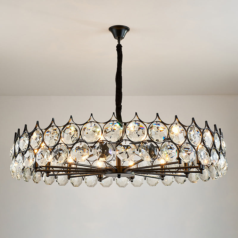 Black Circle Pendant Chandelier Country Clear Crystal Living Room Suspension Light with Sputnik Design