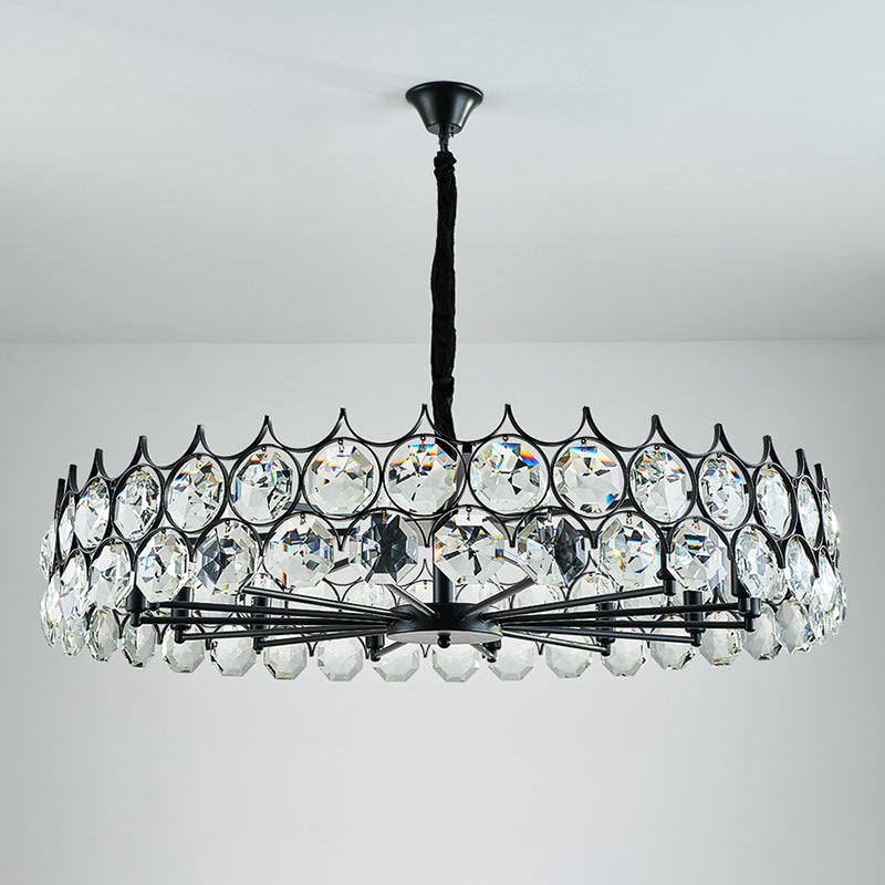 Black Circle Pendant Chandelier Country Clear Crystal Living Room Suspension Light with Sputnik Design