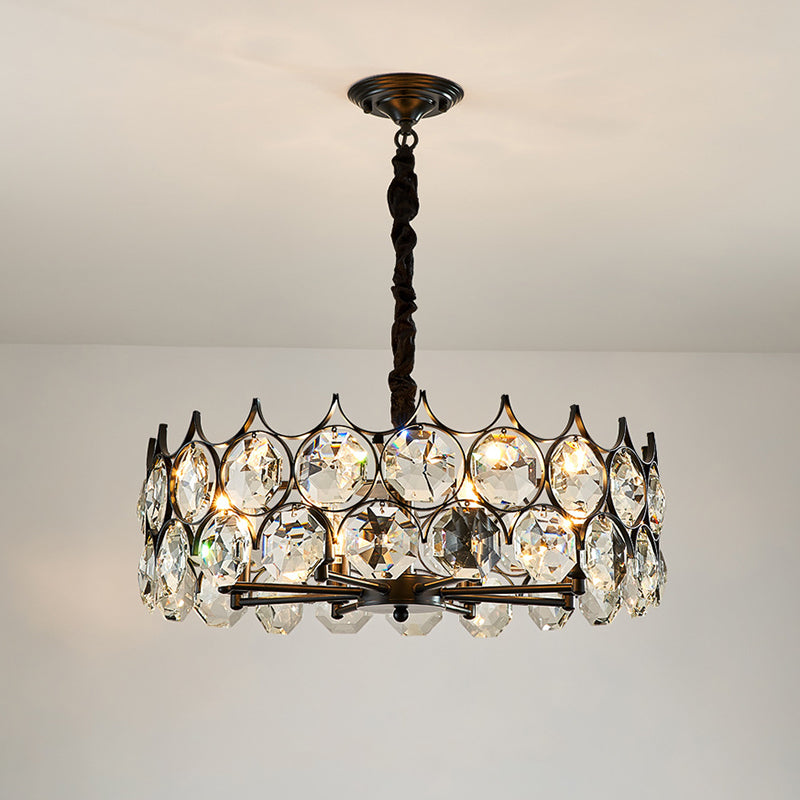 Black Circle Pendant Chandelier Country Clear Crystal Living Room Suspension Light with Sputnik Design