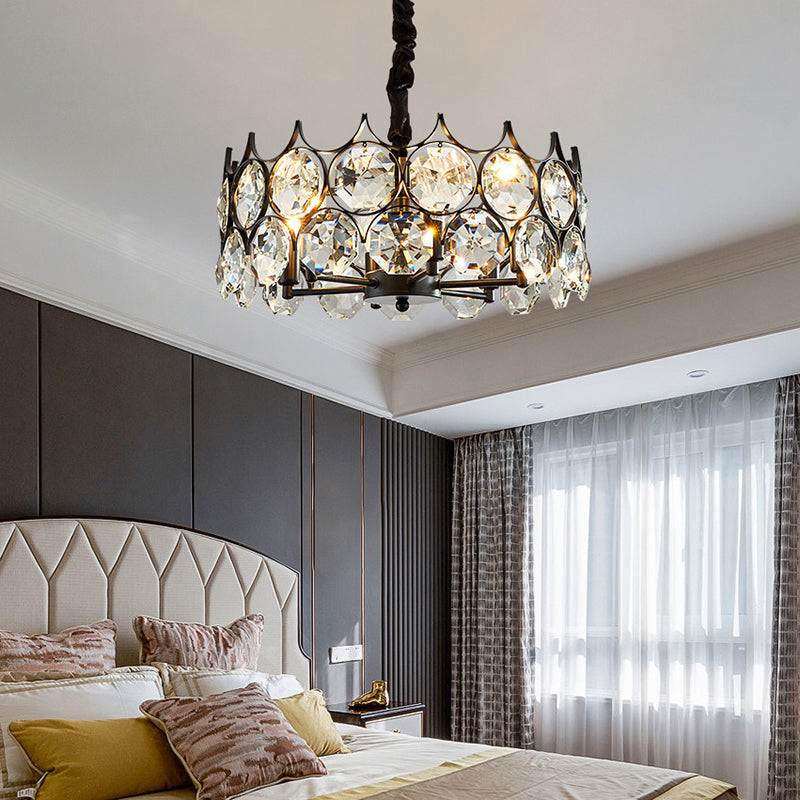 Black Circle Pendant Chandelier Country Clear Crystal Living Room Suspension Light with Sputnik Design
