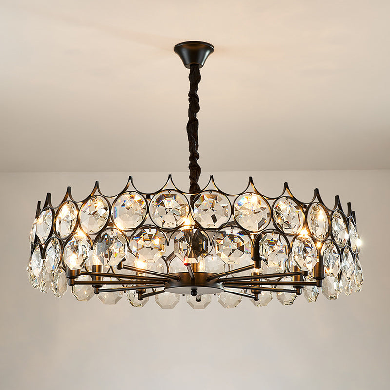 Black Circle Pendant Chandelier Country Clear Crystal Living Room Suspension Light with Sputnik Design
