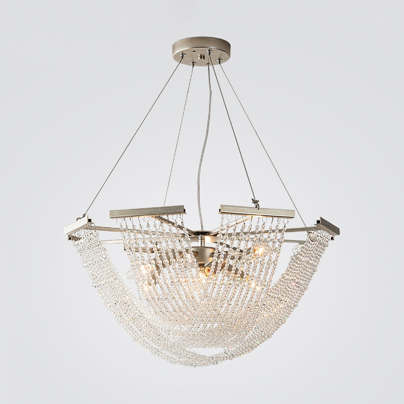 Crystal Strand Bowl Chandelier Light Traditional Living Room Hanging Pendant in Silver