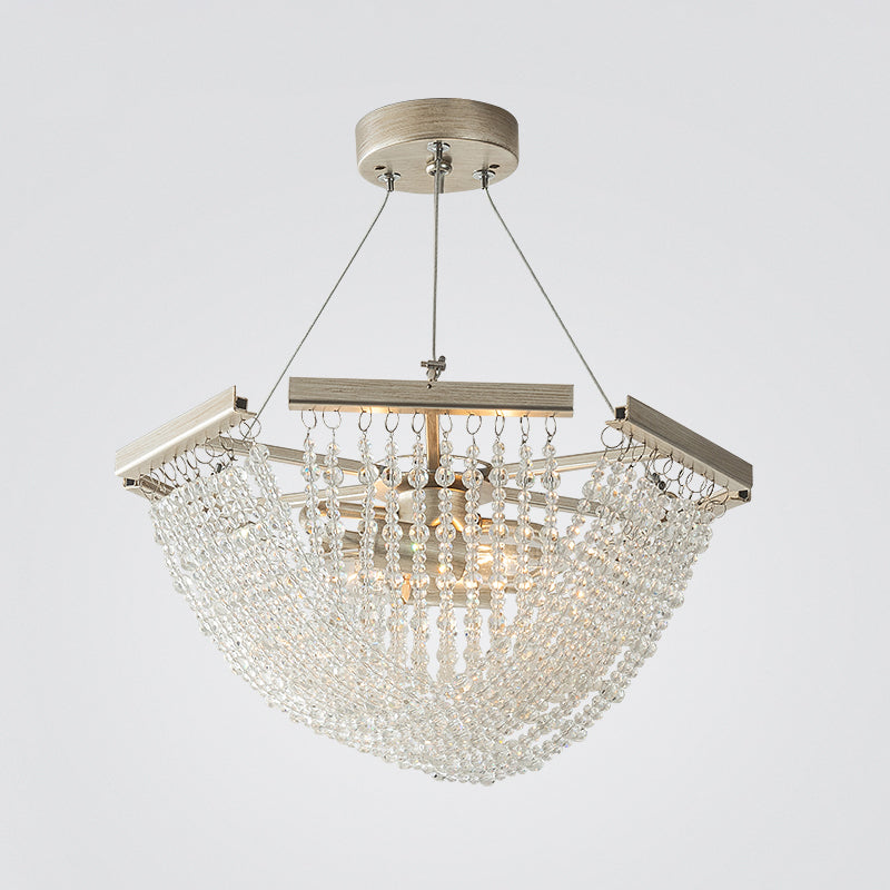Crystal Strand Bowl Chandelier Light Traditional Living Room Hanging Pendant in Silver
