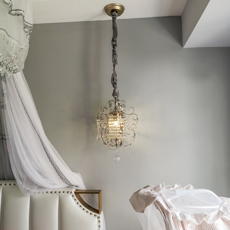 1 Light Scrolled Frame Pendant Light Kit Traditional Metal Suspension Lamp with Crystal Droplet