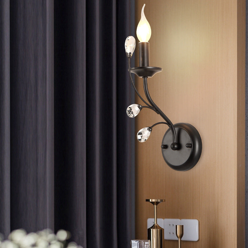 Metal Curved Arm Wall Hanging Light Rural 1 Head Living Room Wall Sconce Lighting with Candle and Crystal Draping