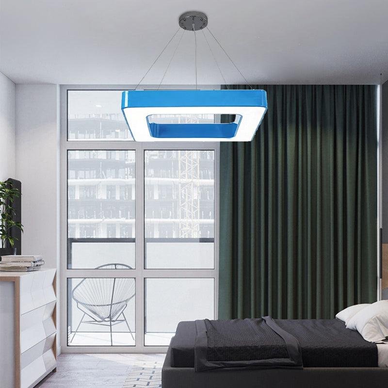 Red/Yellow/Blue/Green Square Pendant Lamp Kids Acrylic LED Chandelier Light Fixture in Third Gear/White Light for Bedroom