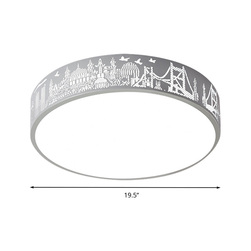 Kid Bedroom Etched Round Ceiling Light Acrylic Metal Macaron Loft Ceiling Mount Light