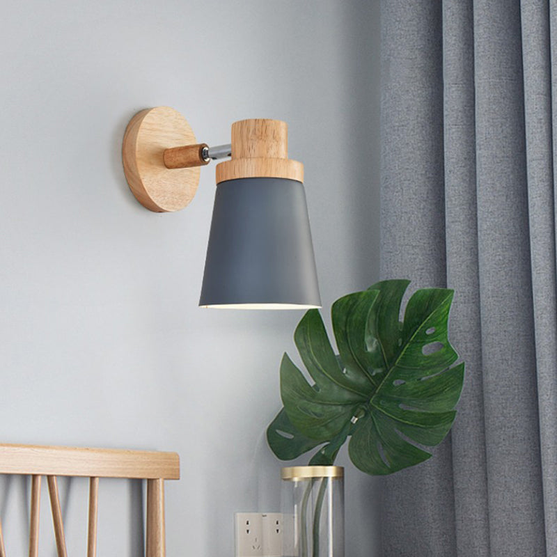 Barrel Wall Lamp Sconce Minimalist Metal 1-Head Living Room Wall Light Fixture with Wood Backplate