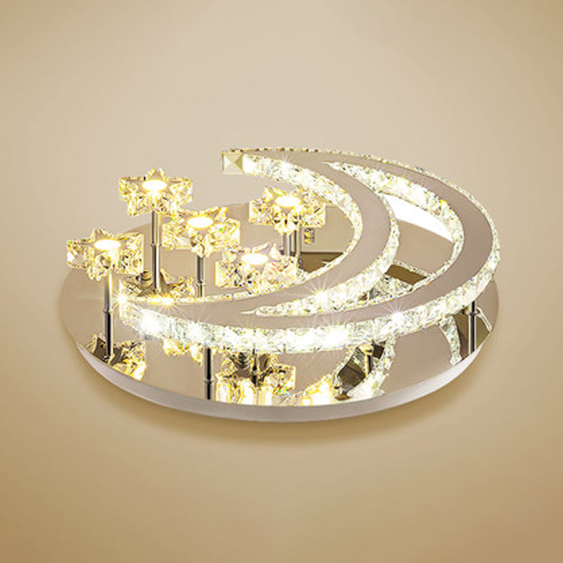 Chrome Moon and Star Flush Light Contemporary Clear Crystal LED Close to Ceiling Lamp