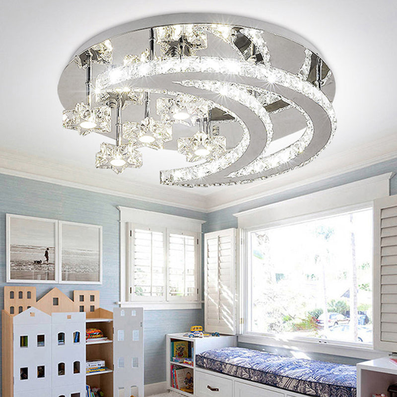 Chrome Moon and Star Flush Light Contemporary Clear Crystal LED Close to Ceiling Lamp
