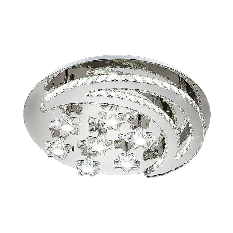 Chrome Moon and Star Flush Light Contemporary Clear Crystal LED Close to Ceiling Lamp