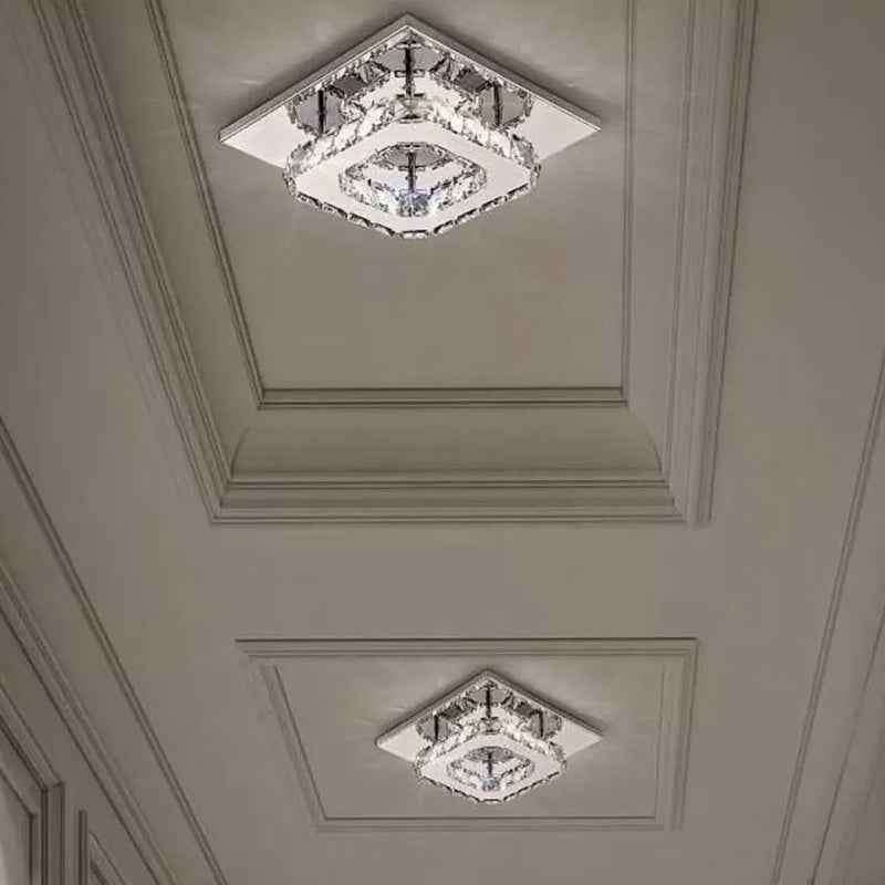 Lámpara de techo cuadrada de cristal transparente, iluminación LED contemporánea de montaje empotrado cromado para porche