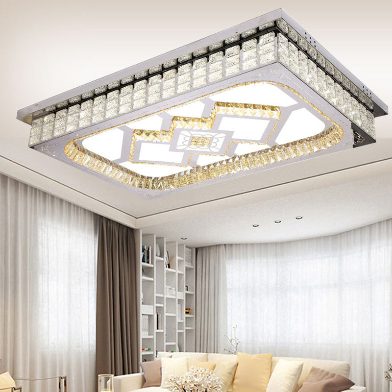 Living Room LED Ceiling Light Fixture Nordic Stainless Steel Flush Mount Fixture with Rectangle Clear Crystal Shade