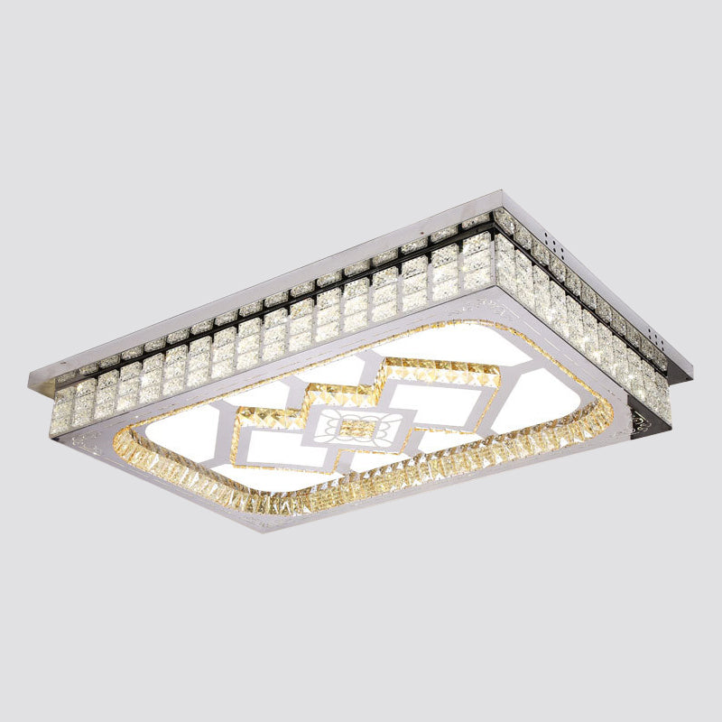 Living Room LED Ceiling Light Fixture Nordic Stainless Steel Flush Mount Fixture with Rectangle Clear Crystal Shade