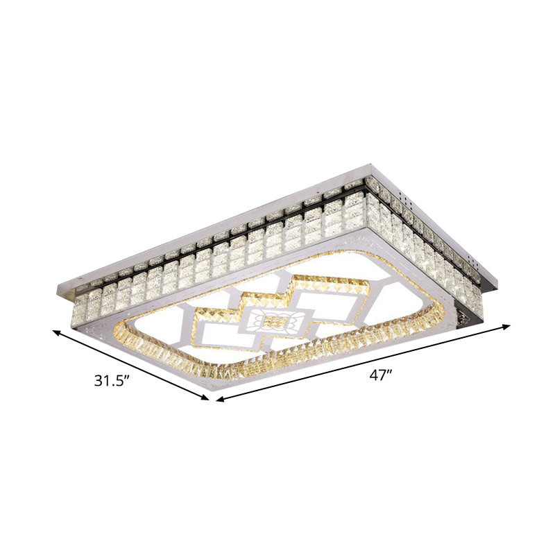 Living Room LED Ceiling Light Fixture Nordic Stainless Steel Flush Mount Fixture with Rectangle Clear Crystal Shade