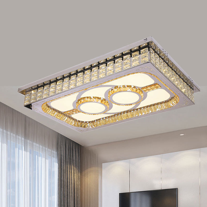 Living Room LED Ceiling Light Fixture Nordic Stainless Steel Flush Mount Fixture with Rectangle Clear Crystal Shade