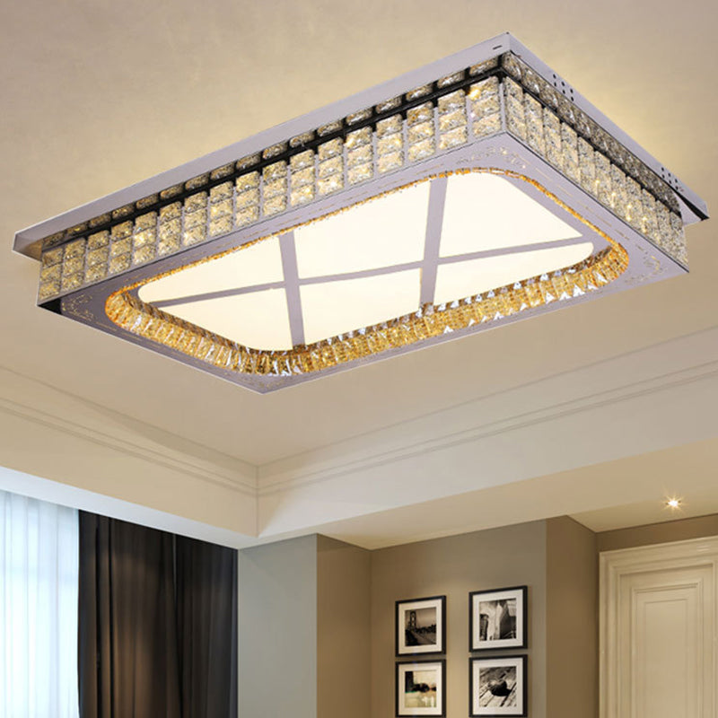 Living Room LED Ceiling Light Fixture Nordic Stainless Steel Flush Mount Fixture with Rectangle Clear Crystal Shade