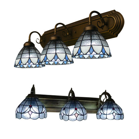 Dome Wall Mount Light with Curved/Arc Arm 3 Lights Stained Glass Vintage Vanity Light for Bathroom