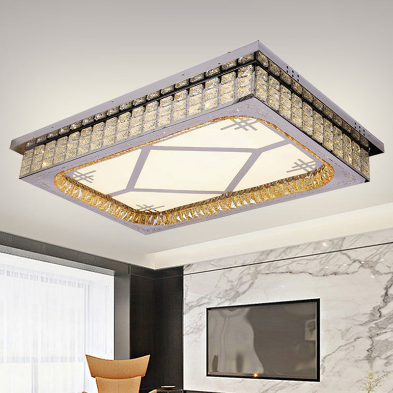 Living Room LED Ceiling Light Fixture Nordic Stainless Steel Flush Mount Fixture with Rectangle Clear Crystal Shade