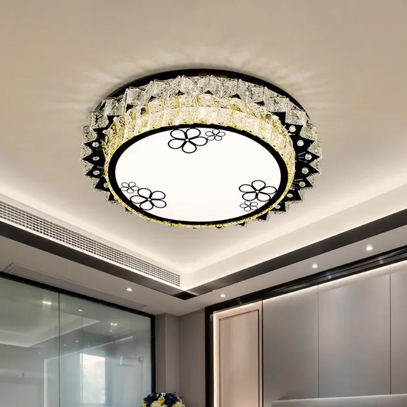 Stainless Steel Round Flush Mount Fixture Modern Clear Crystal LED Close to Ceiling Light