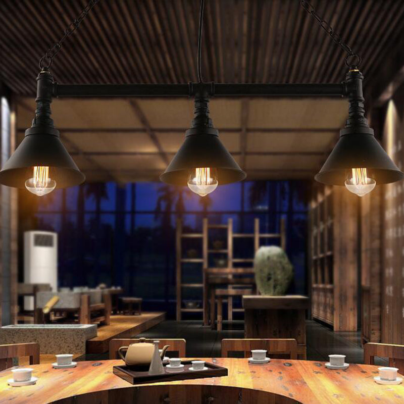 Industrial Cone Island Pendant Light 3-Light Wrought Iron Hanging Lamp Kit in Black for Dining Room