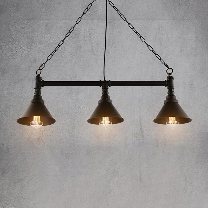Industrial Cone Island Pendant Light 3-Light Wrought Iron Hanging Lamp Kit in Black for Dining Room