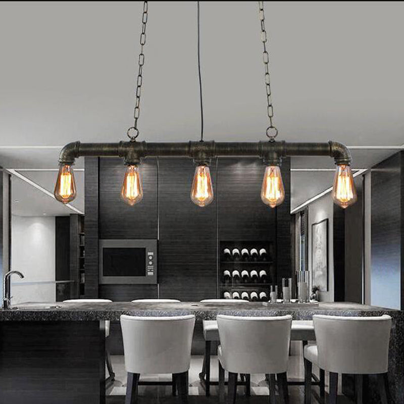 5 Heads Elongated Pipe Island Lamp Farmhouse Metallic Pendant Light Fixture for Dining Room