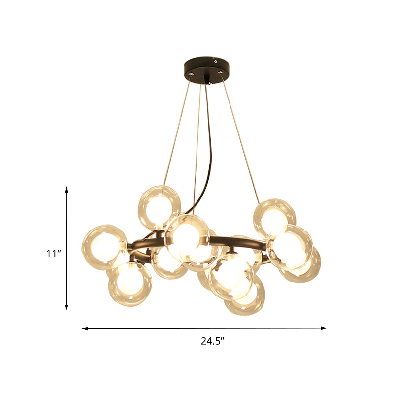 Global Shade Ceiling Light Fixture Modernist Glass 15/25 Bulbs Black/Gold Finish Chandelier Lamp with Metal Ring