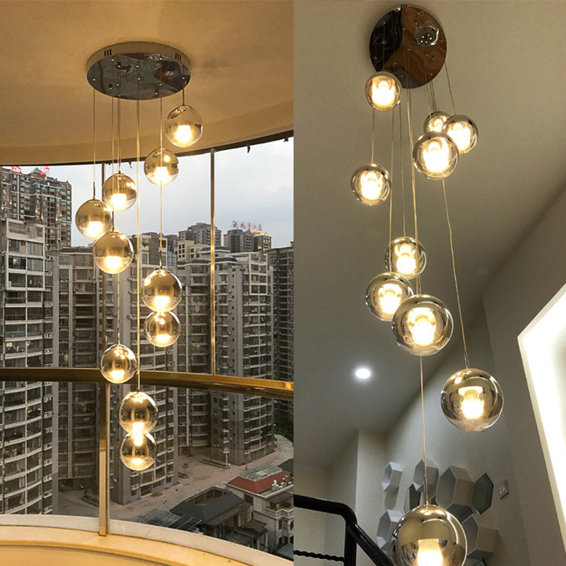 Globe Cluster Pendant Light Nordic Aluminum Stairs Suspension Lighting with Clear Glass Bottom in Gold