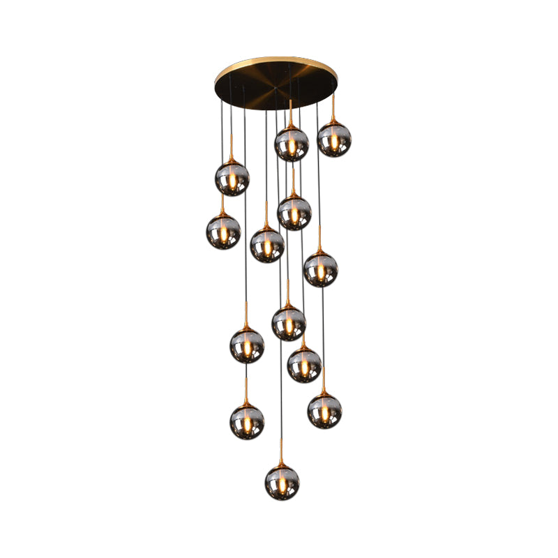 Modernist 13 Heads Cluster Pendant Light Black Spherical Hanging Lamp Kit with Glass Shade