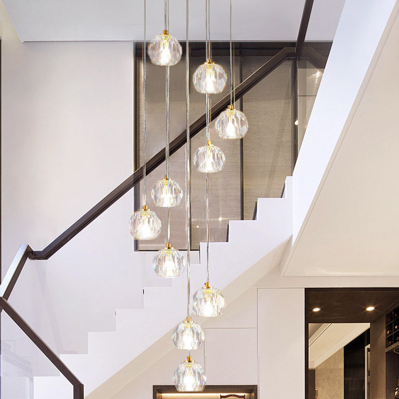Ball Clear Glass Multi Pendant Modern Style Gold Pendulum Light met spiraalvormig ontwerp voor trappen