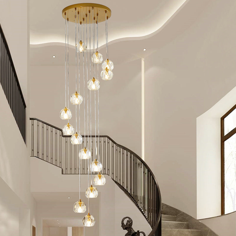 Ball Clear Glass Multi Pendant Modern Style Gold Pendulum Light with Spiral Design for Stairs