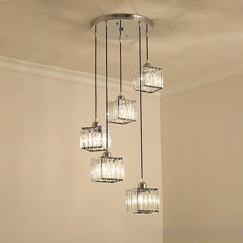 Beveled Crystal Cubic Cluster Pendant Contemporary Suspension Light Fixture with Swirl Design