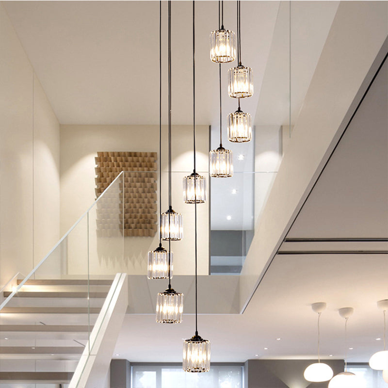 Zylinder Cluster Anhänger Licht minimalistischer klarer Kristallschwarz -Drop -Lampe für Treppen