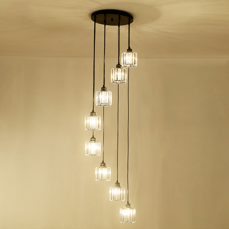 Nordic Multiple Hanging Light Drum Pendant Lighting Fixture with Beveled Crystal Shade