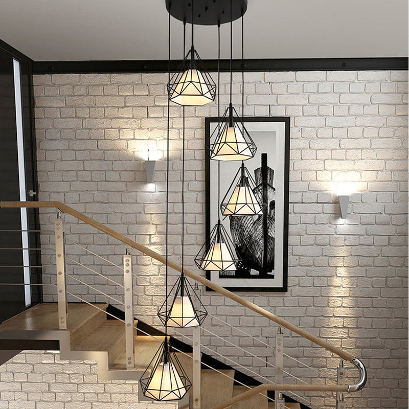 Simple Diamond Cage Multi Pendant Metal 6 Lumières Corridor Hanging Light Kit avec ombre en tissu intérieur en noir