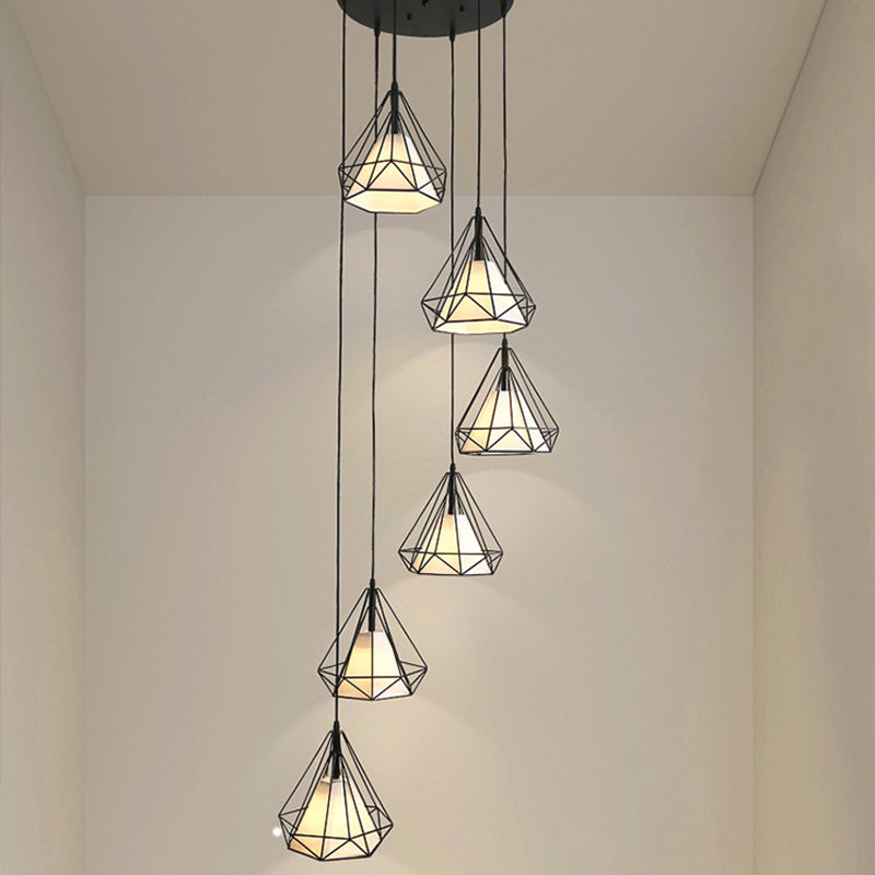 Simple Diamond Cage Multi Pendant Metal 6 Lumières Corridor Hanging Light Kit avec ombre en tissu intérieur en noir