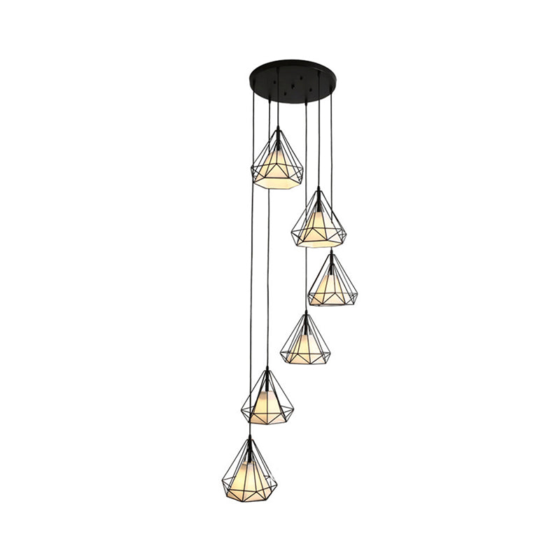 Simple Diamond Cage Multi Pendant Metal 6 Lumières Corridor Hanging Light Kit avec ombre en tissu intérieur en noir