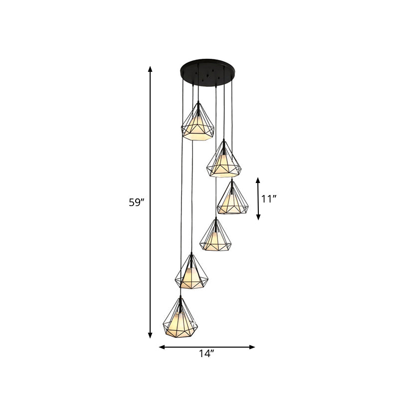 Simple Diamond Cage Multi Pendant Metal 6 Lumières Corridor Hanging Light Kit avec ombre en tissu intérieur en noir