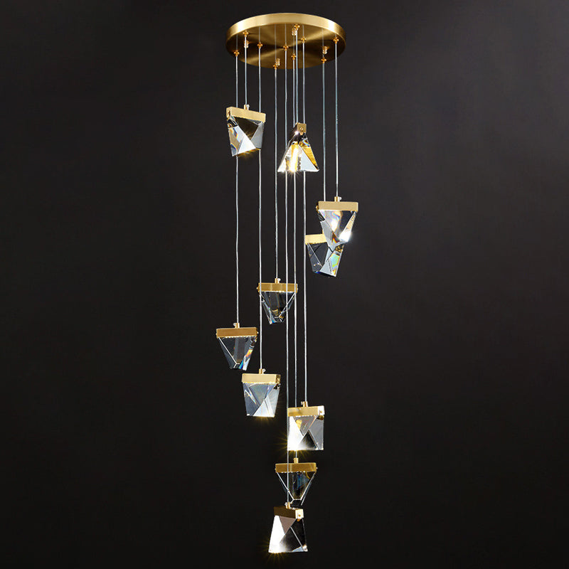 Clear Crystal Triangle Spiral Cluster Pendant Contemporary Hanging Lighting for Stairs