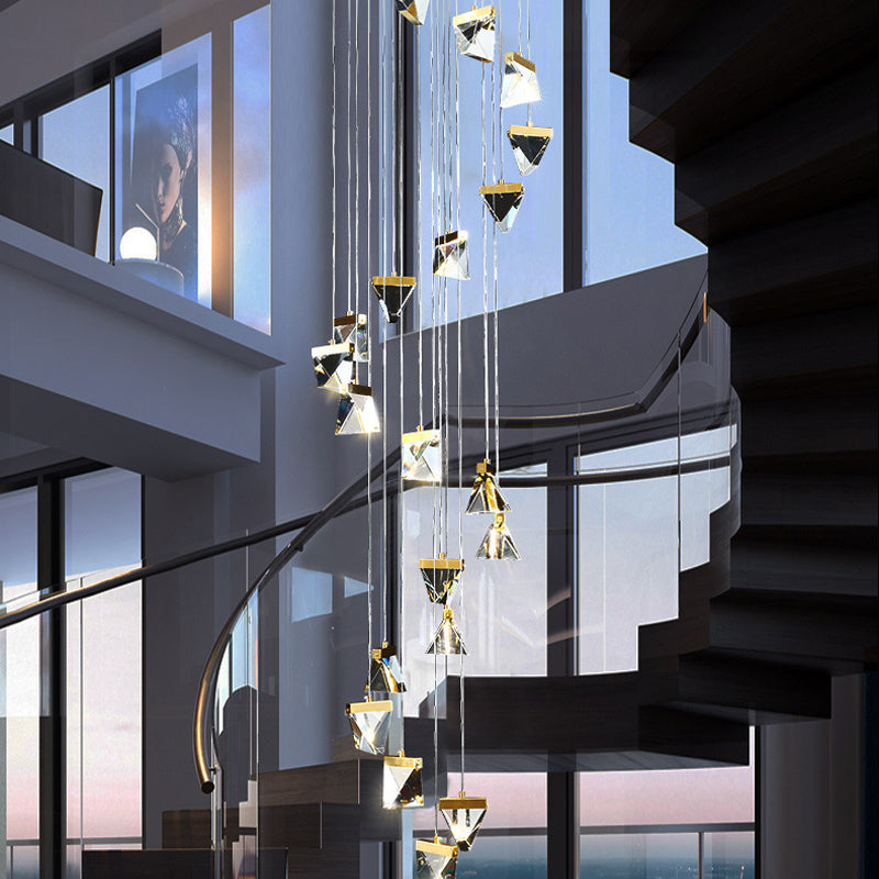 Clear Crystal Triangle Spiral Cluster Pendant Contemporary Hanging Lighting for Stairs