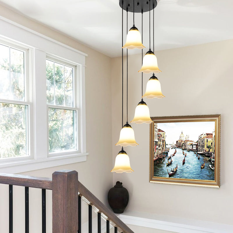 Bloemtrap Multi hanglamp lichte matglas minimalistische suspensieverlichting in zwart met ronde luifel