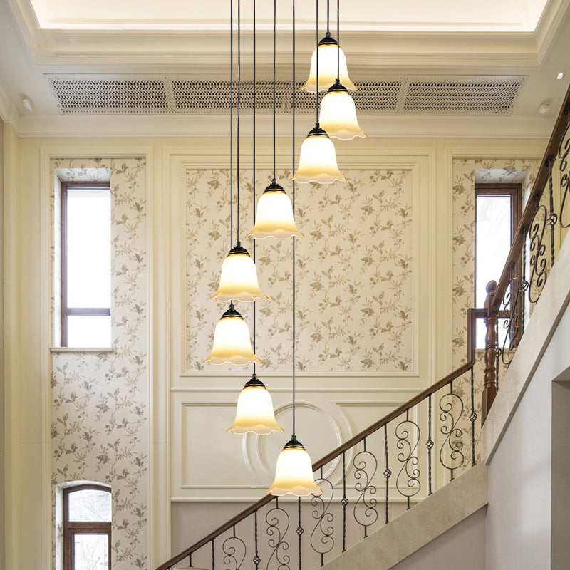 Bloemtrap Multi hanglamp lichte matglas minimalistische suspensieverlichting in zwart met ronde luifel